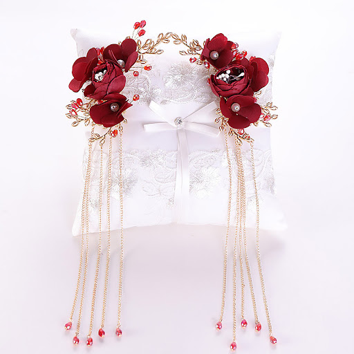 Title 6, Bridal fabric headdress red flowers Chinese hai...