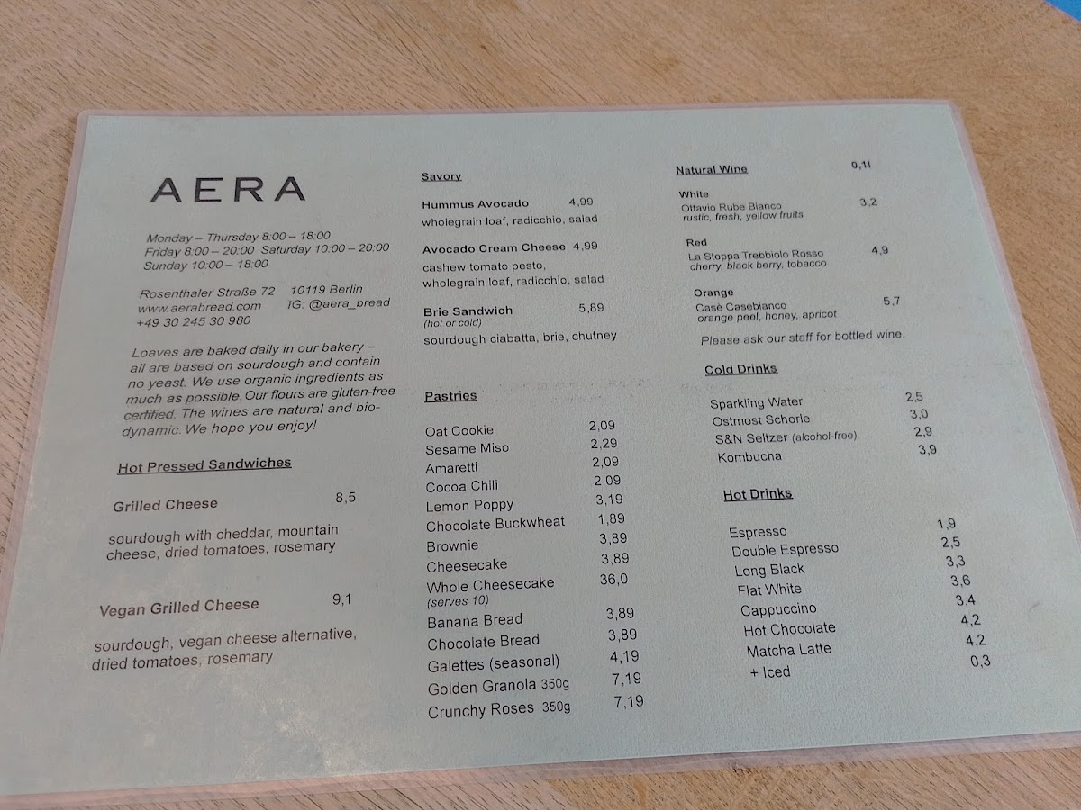 AERA gluten-free menu