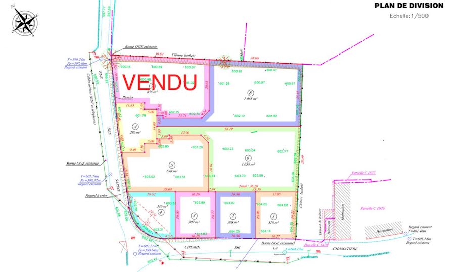 Vente terrain  1065 m² à Saint-Laurent-de-Chamousset (69930), 119 500 €