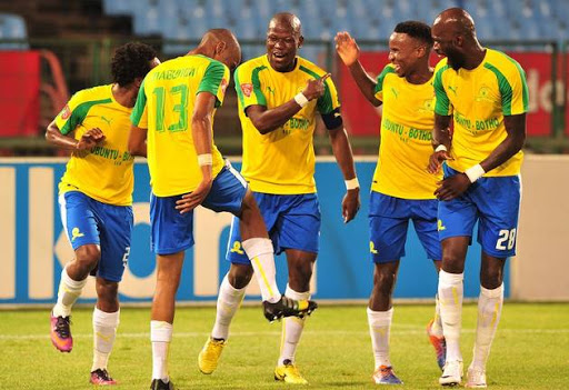 Sundowns players celebrate a goal.