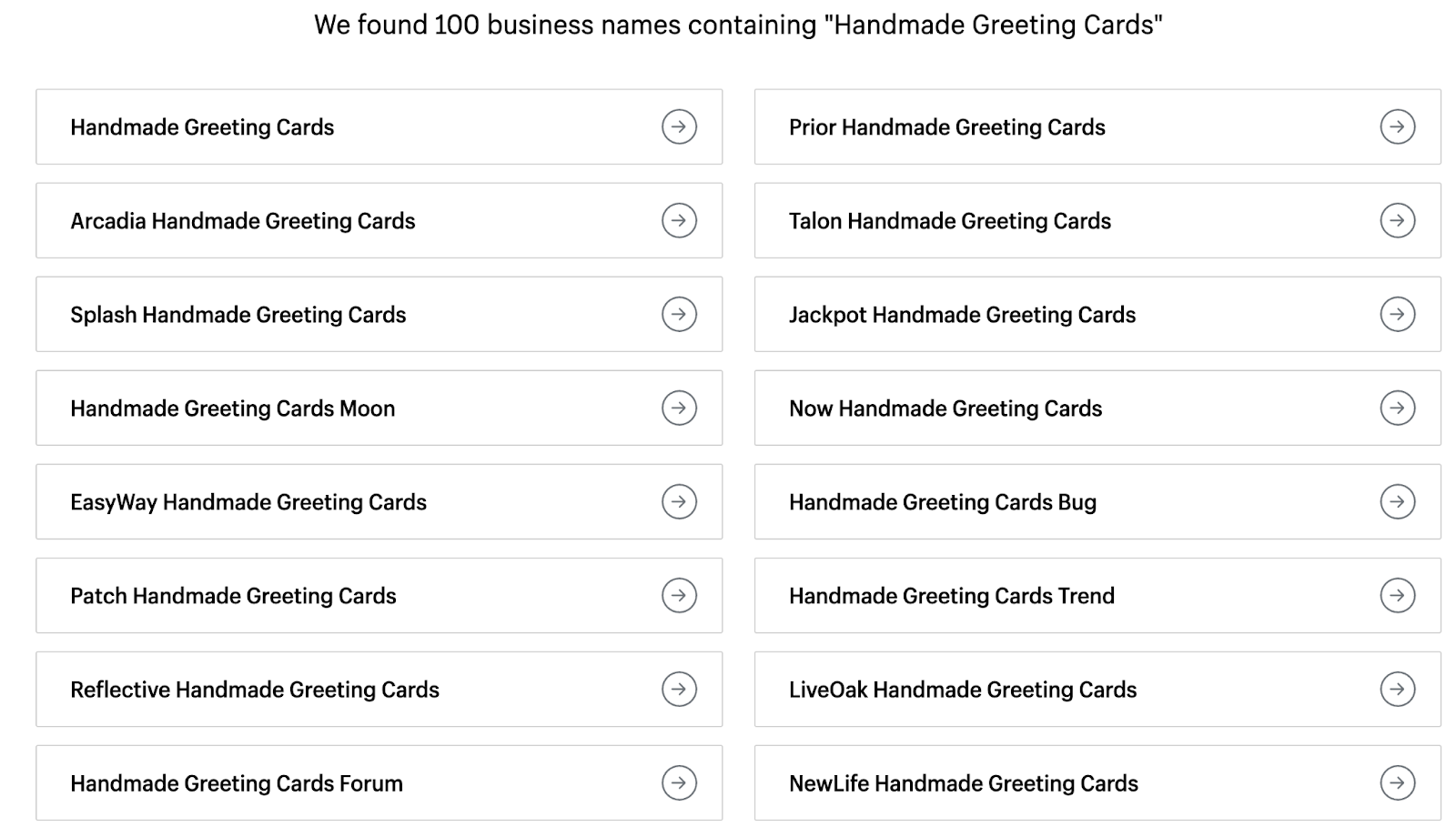 Screenshot from results of Shopify business name generator showing possible business names. 