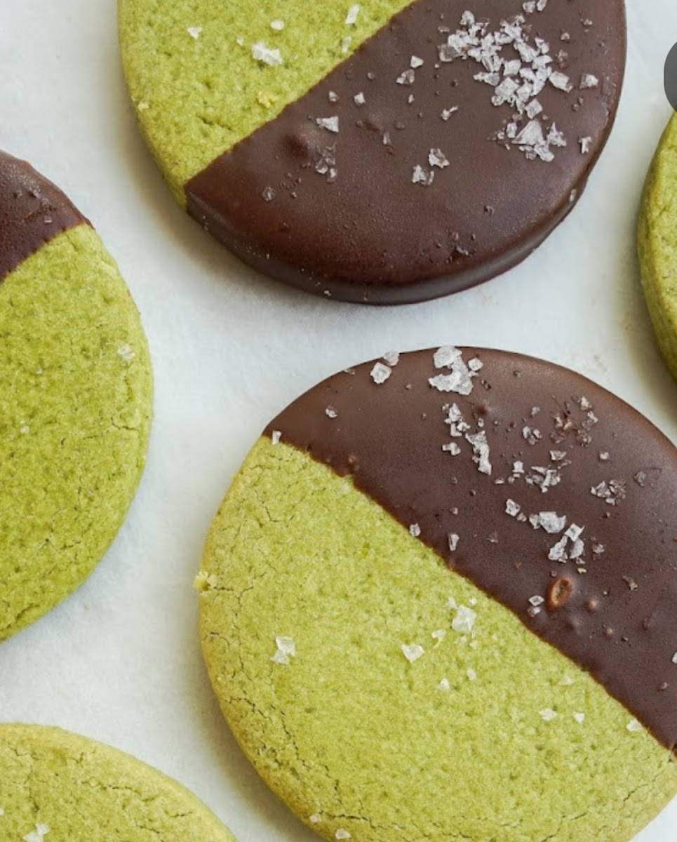 Matcha shortbread, dipped in dk chocolate, sprinkled with sea salt.   Deliciously well balanced, delicate & not overly sweet.