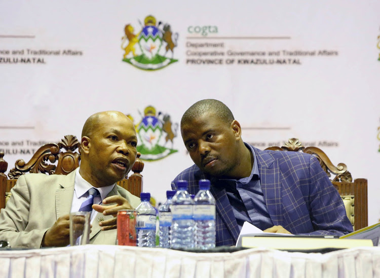 Chair of the KZN house of traditional leaders Inkosi Phathisizwe Chiliza chats to KZN Cogta MEC Sipho Hlomuka during a meeting with the amakhosi in Durban on Tuesday.