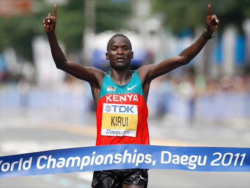 Abel Kirui celebrates winning the IAAF World Athletics Championships in Daegu in 2011