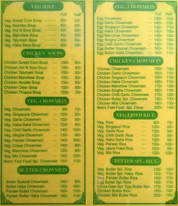 Metro Fast Food menu 