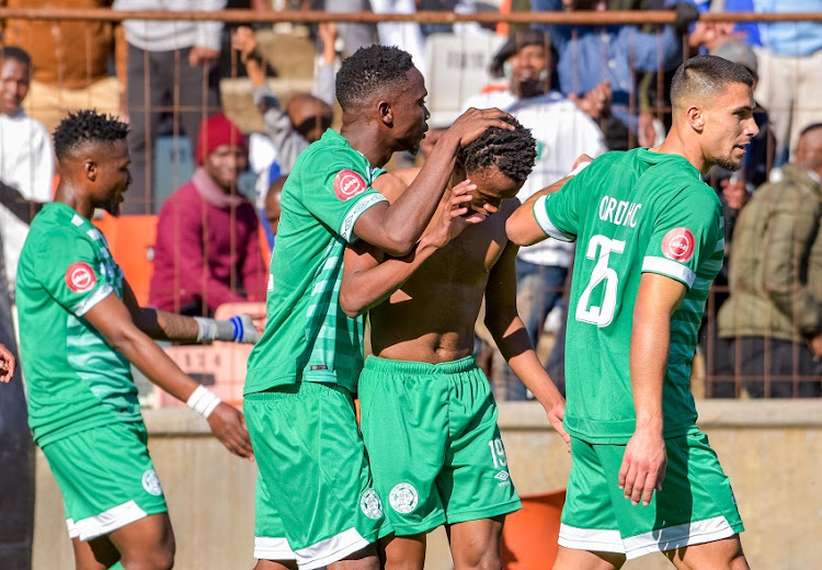 Bongani Sam celebrating his goal with team mates during the Absa Premiership 2018/19 game between Bloemfontein Celtic and Orlando Pirates at Toyota Free State Stadium in Bloemfontein on 19 August 2018.