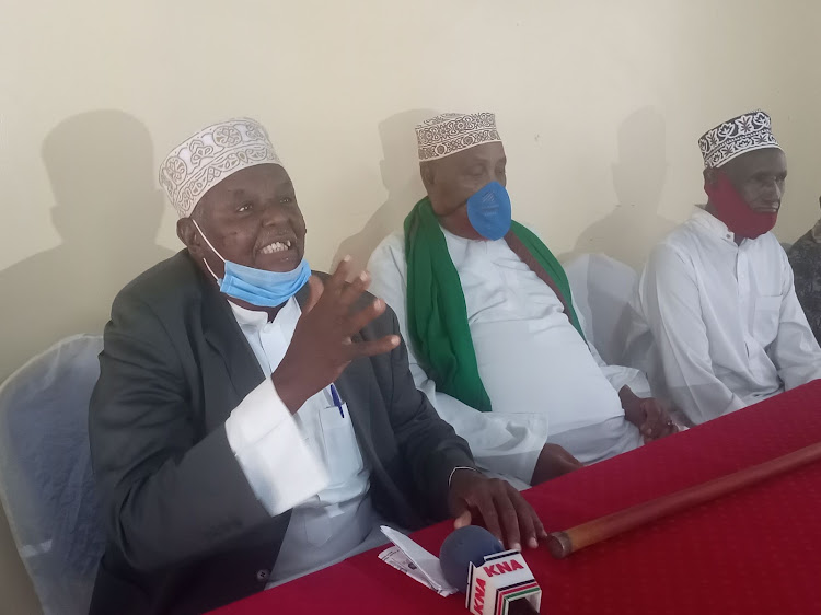 Dubat Amey with fellow elders in Garissa town on May 3. He led a section of elders from Garissa in support of the government to close Kakuma and Dadaab refugee camps