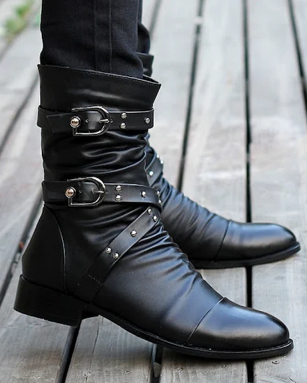 Winter Pointed Toe Men's Mid-calf Boots Buckle Strap Chel... - 1