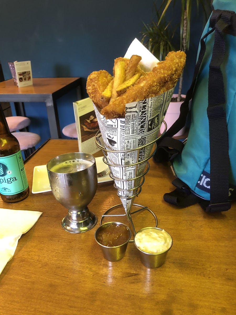 Fish and chips with mango chutney and tartar sauces (standard with it here). Also drank gluten free beer (pictured) from here that’s pretty good.