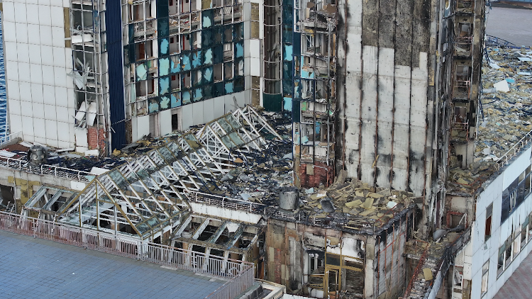 A damaged section of Hotel Odessa at the Port of Odesa in Ukraine. The damage is as a result of missile, rockets and drone attacks by Russian forces.