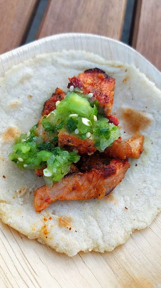 Feast PDX 2016 Night Market bite from Benjamin Gonzales from Nuestra Cocina (Portland, OR): Tacos de Cecina Adobada - Smoked marinated Snake River Farms pork loin with salsa verde