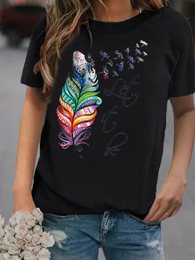 Title 6, Loose Printed Round Neck Short Sleeve Womens T...