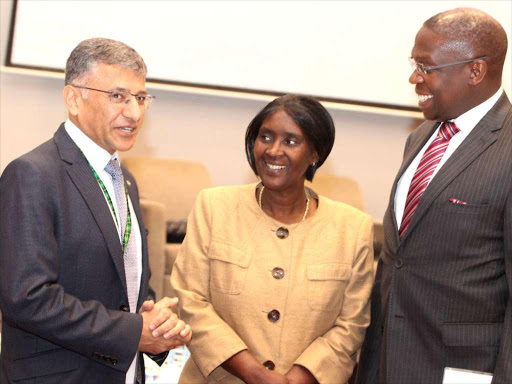 Alexandra Forbes Kenya group chief executive Sundeep Raichura, IRA chief technical division manager Agnes Ndirangu and NSE chief executive Geoffrey Odundo during the Actuarial Society of Kenya Convention in Nairobi yesterday /ENOS TECHE