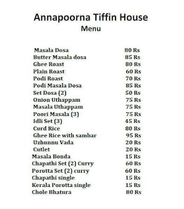 Annapoorna Tiffin House menu 