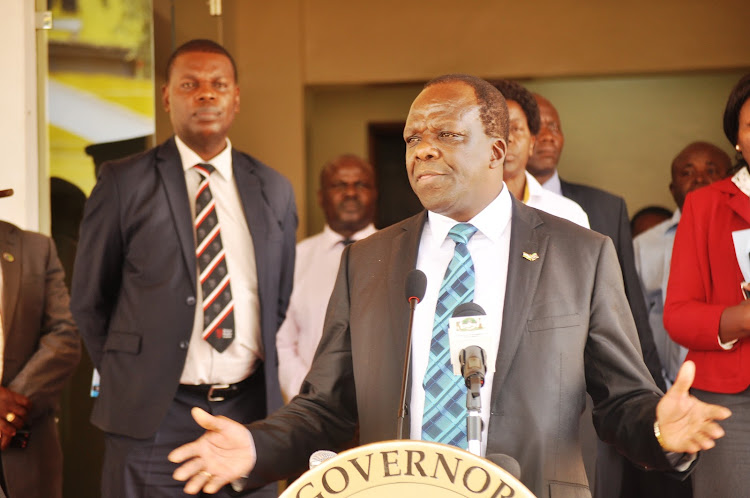 Kakamega governor Wycliffe Oparanya addressing the media at the county headquarters on March 26, 2020