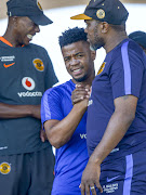 George Lebese (M) of Kaizer Chiefs with veteran former goalkeeper Brian Baloyi (R) during the Kaizer Chiefs media open day at Naturena, Chiefs Village on February 02, 2017 in Johannesburg, South Africa.