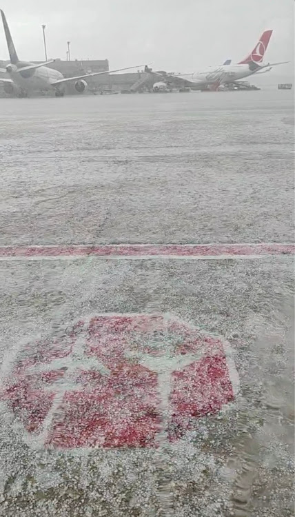 A view shows a hailstorm at MadridÐBarajas Airport, Madrid, Spain May 25, 2023, in this screen grab obtained from a social media video.