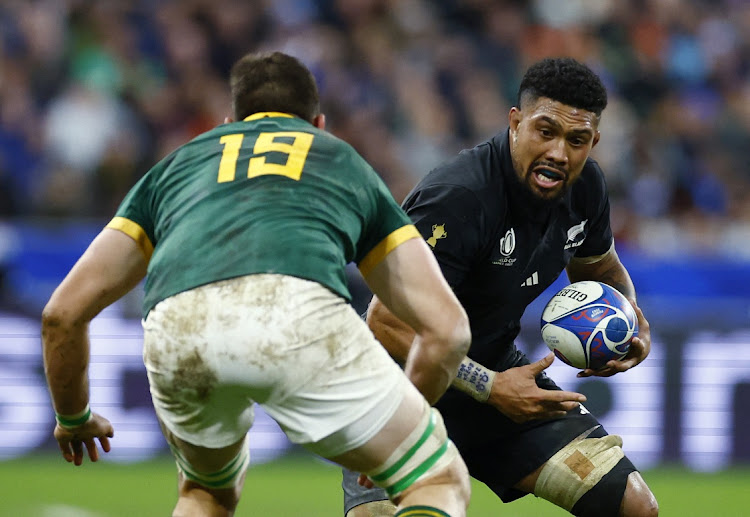 New Zealand's Ardie Savea in action with South Africa's Jean Kleyn in the 2023 Rugby World Cup final at Stade de France on Saturday.