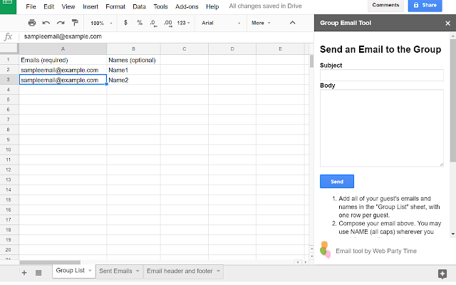 Screenshot of Web Party Time Group E-Mail Tool