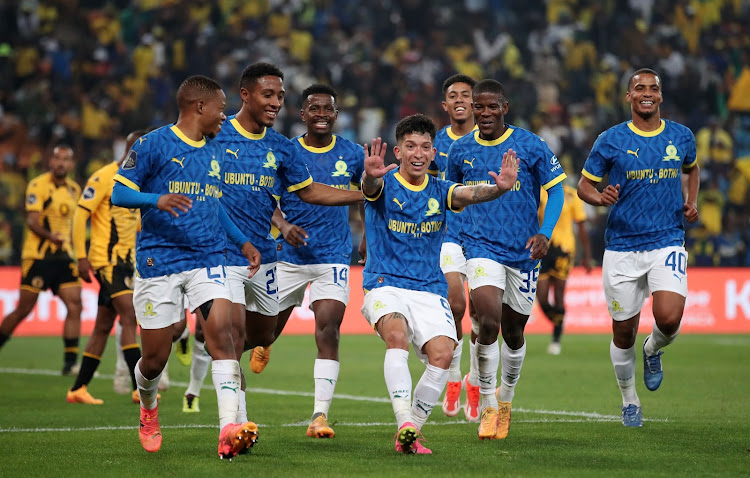 Matias Esquivel of Mamelodi Sundowns celebrates his goal with teammates during their DStv Premiership match against Kaizer Chiefs at the FNB Stadium.