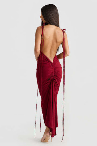 Title 3, U-neck Shoulder Strap Backless Pleated Sheath L...