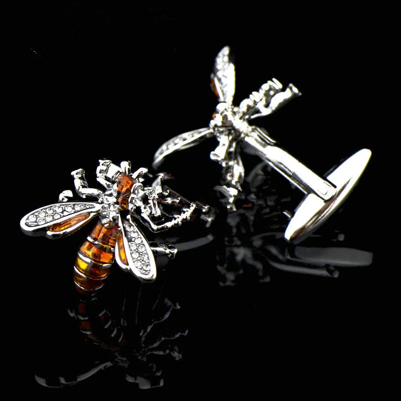 Abotoaduras de manga de cristal francês e diamante incrustado, abelha amarela animal, charme francês.