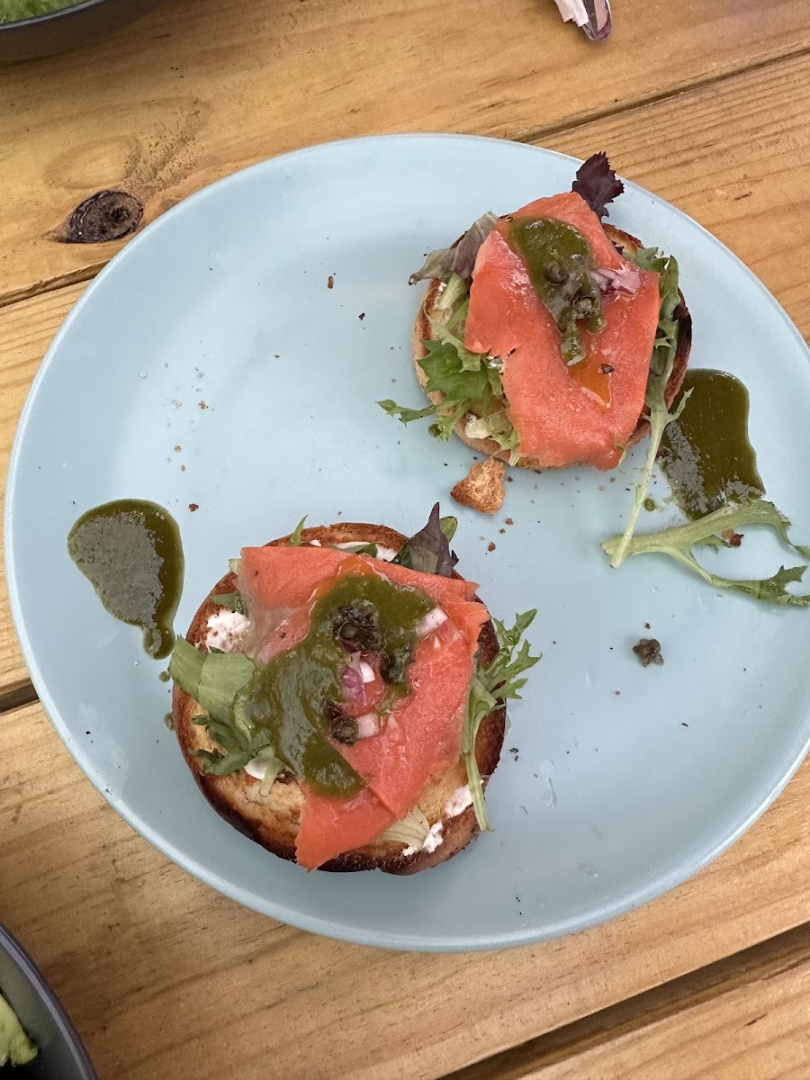 Salmon bruscetta with burger buns (there was 4 to start)