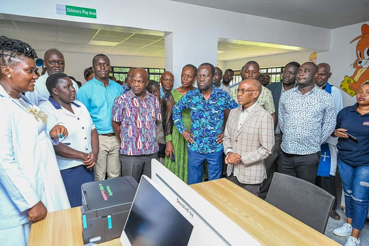 Kisumu Governor Anyang' Nyong'o and Safaricom CEO Peter Ndegwa at the Ratta Mother and Child Center in Seme. The Unit was commissioned on April 12, 2023