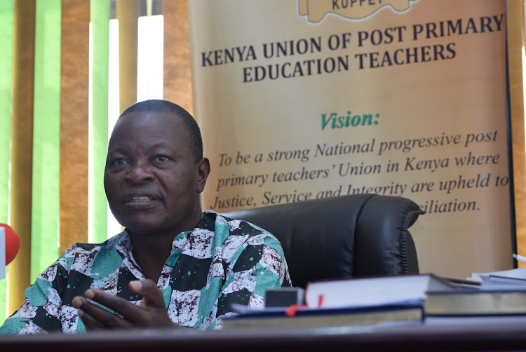 Kenya union of post primary education teachers(KUPPET) Secretary general Akello Misori speaks during a press conference at KUPPET offices on January 19, 2022