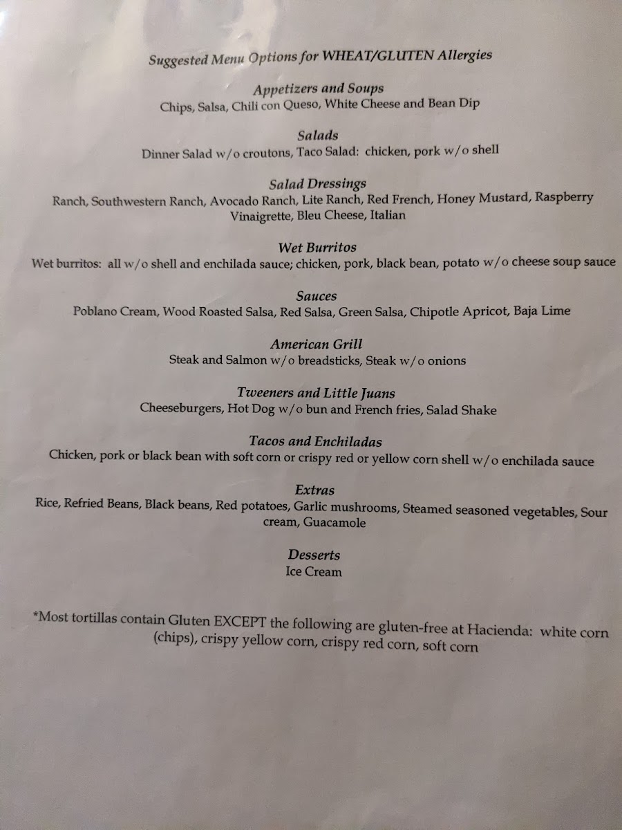 Dairy free menu