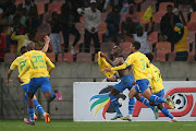 Peter Shalulile of Mamelodi Sundowns celebrates scoring a goal during the DStv Premiership 2022/23 match between Chippa United and Mamelodi Sundowns held at the Nelson Mandela Bay Stadium in Gqeberha.