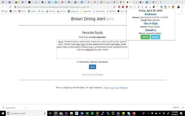 Brown Dining Alert chrome extension