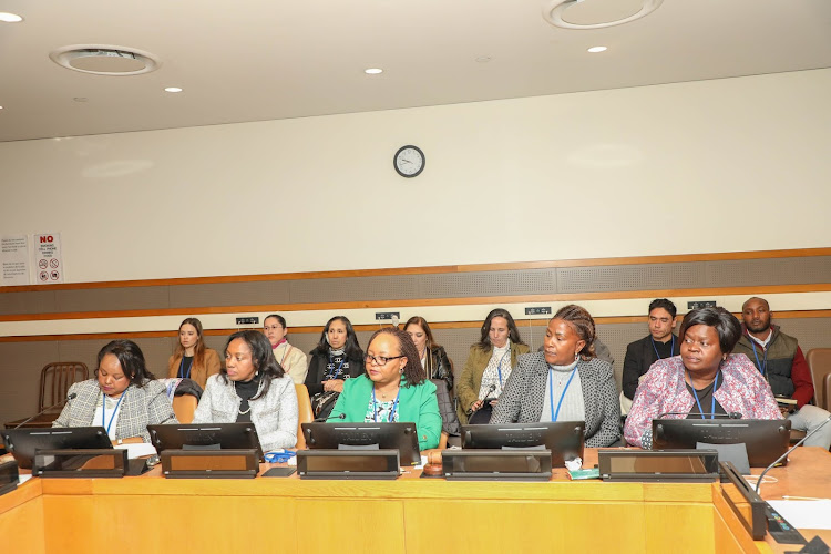 Nakuru Governor Susan Kihika (L), Council of Governors chairperson Anne Waiguru, Machakos Governor Wavinya Ndeti and Homabay Governor Gladys Wanga at the 68th Conference on Women's Status in New York.