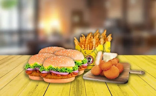 4 Non-Veg Burgers + 2 Dilli 6 Fries Regular + 2 Cheesy Coins (3 Pcs)