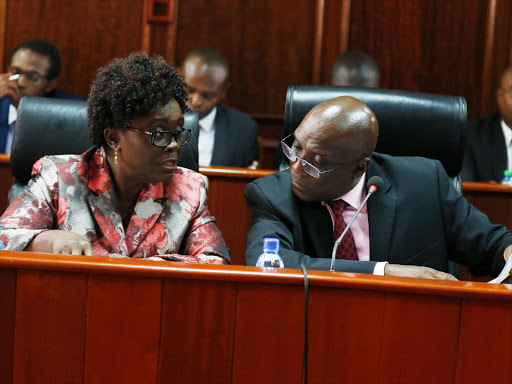 NLC vice chair Abigail Mukolwe and chairman Dr Muhammad Swazuri when they appeared before the Senate Public Accounts and Investment Committee yesterday /JACK OWUOR