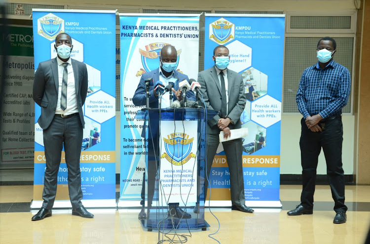 KMPDU vice chairman Dr Ochanji Allan, chairman Samuel Orok, acting secretary general Chibanzi Mwachonda and Nairobi branch secretary general Thuranira Kaugiria address journalists in Nairobi on November 24