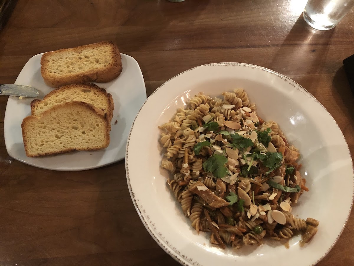 Spicy Thai Peanut Fusilli and Focaccia Bread