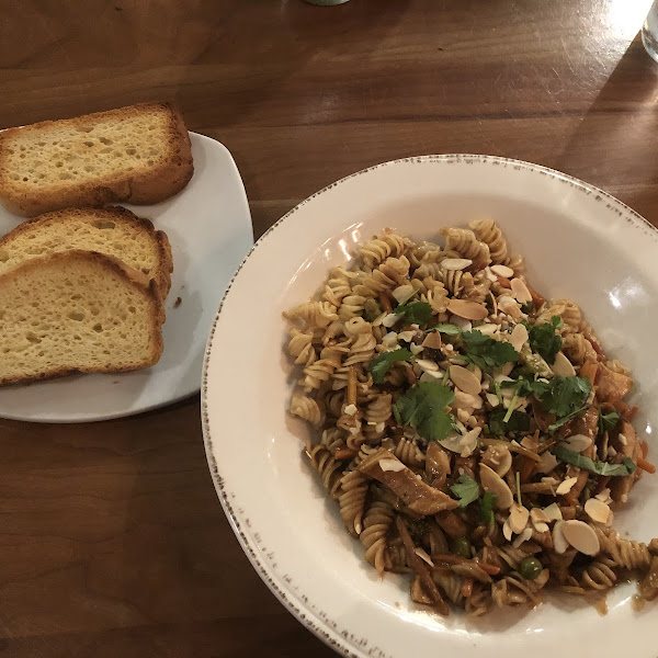 Spicy Thai Peanut Fusilli and Focaccia Bread