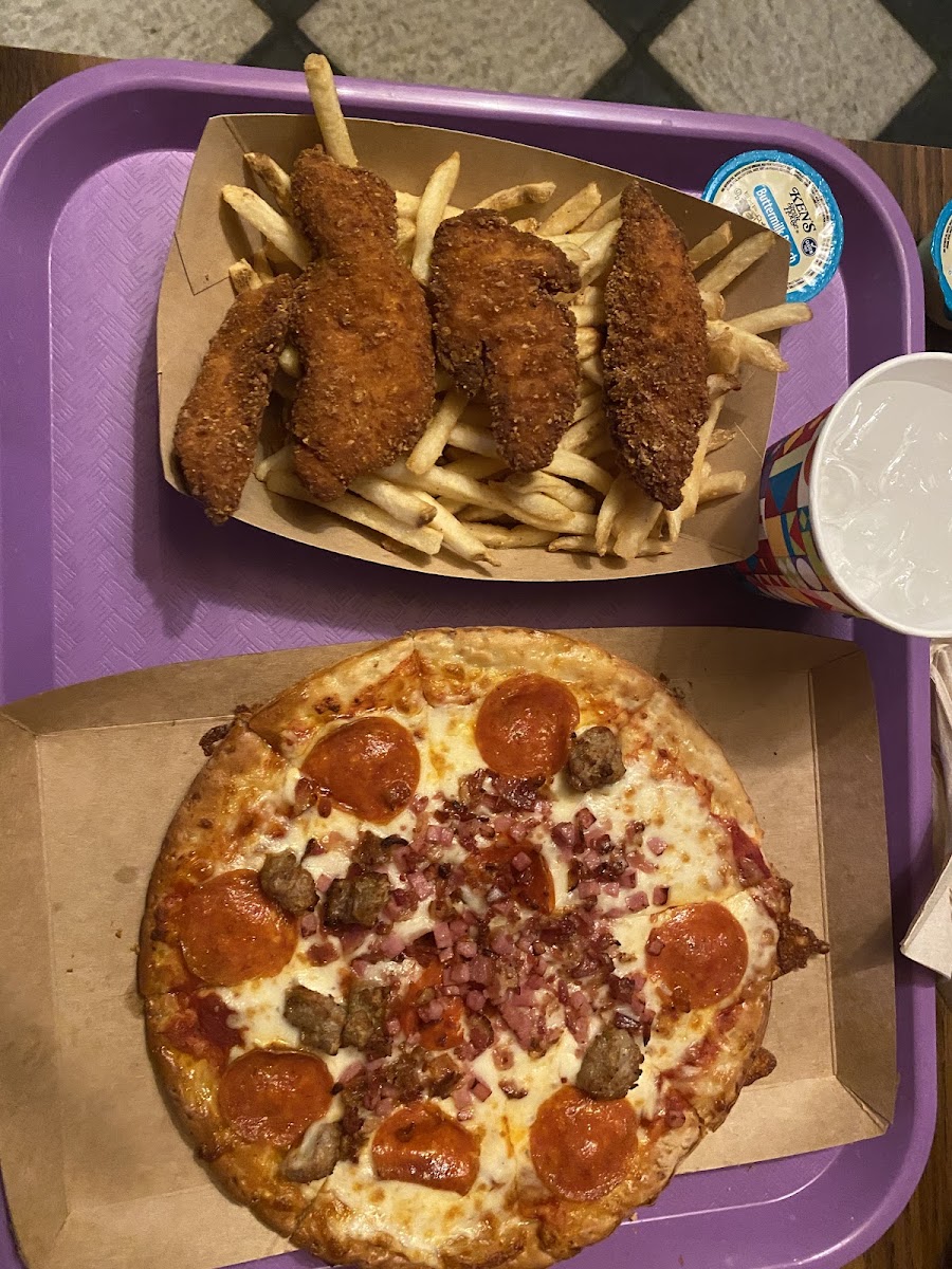 GF All meat pizza, chicken tenders and fries