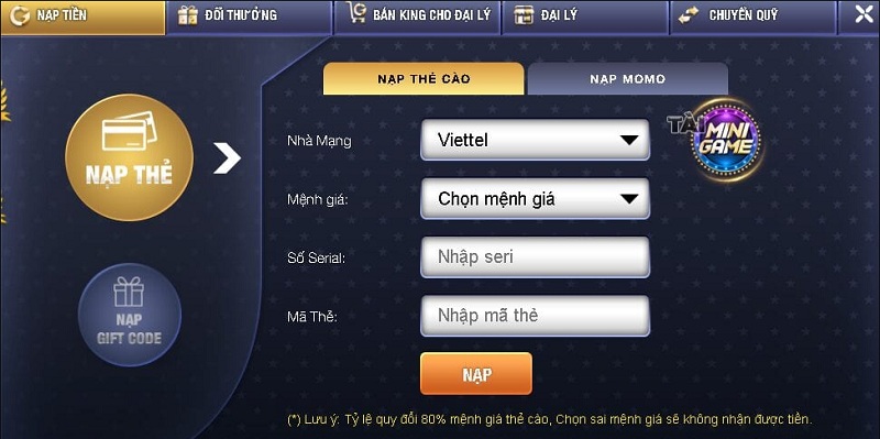 Nạp tiền bằng thẻ cào tại cổng game X6 Club