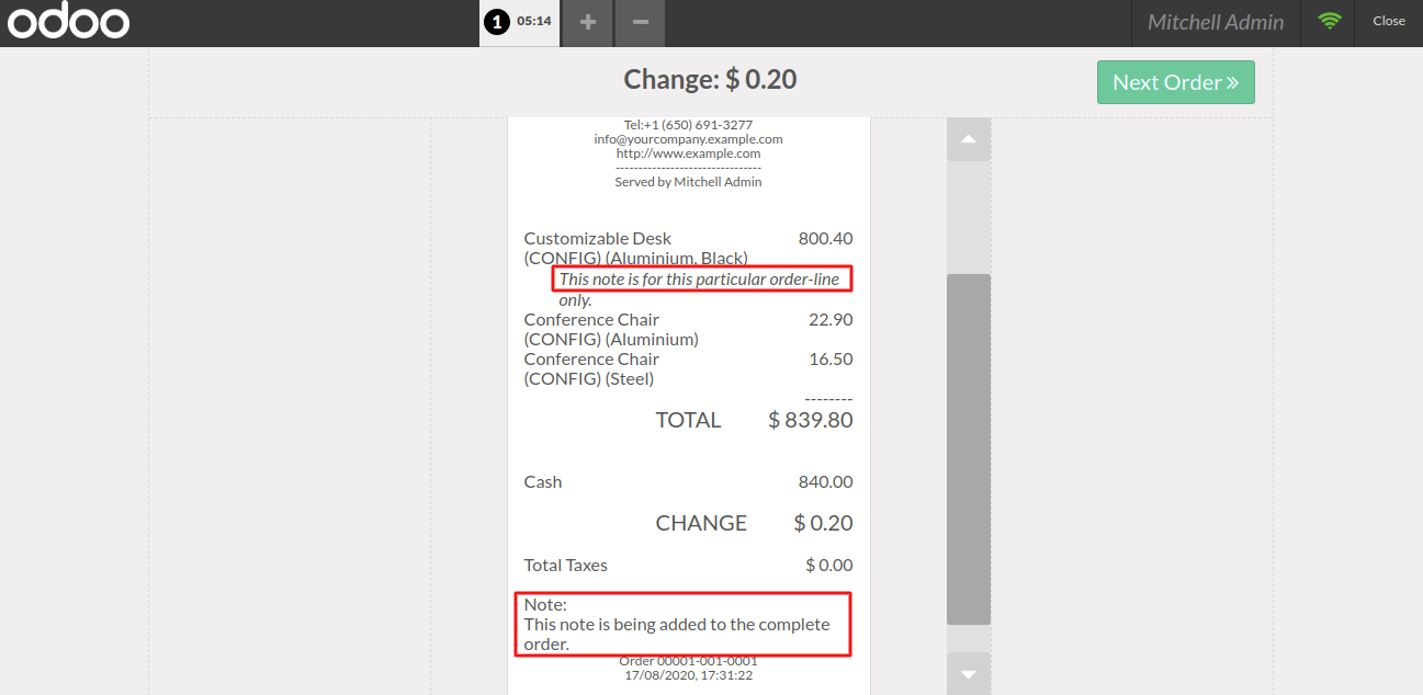 The notes will appear on the order receipt as well by using the Odoo POS Order Notes module.