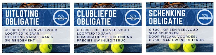 1) Bij de Clubliefde Obligatie verstrekt u een lening van €1000 (of een veelvoud) en ontvangt 10 jaar lang jaarlijks €123,29 aan rente en aflossing. U toont uw clubliefde door af te zien van uw rendement door jaarlijks €37,- te schenken.  Deze schenking wordt verrekend met de rente en aflossing waardoor u jaarlijks €86,29 van de club ontvangt. Over de gehele looptijd is dit € 862,91. Daarnaast ontvangt u, vanwege de periodieke gift, jaarlijks €14,- belastingvoordeel. Na 10 jaar heeft u €862,91van de club en €140,-  belastingvoordeel ontvangen en uw inleg van €1000 volledig terug met een klein rendement van gemiddeld 0,05%. Dankzij de jaarlijkse periodieke gift bespaart de club indien op deze manier €100.000 kan worden geleend, €43.213,63 ten opzichte van een lening bij de bank tegen 5% rente. Een aanzienlijk bedrag.

2) Bij de Uitloting Obligatie leent u geld uit tegen een mooie rente van 3% die u jaarlijks uitgekeerd krijgt. De obligatie wordt vanaf het 6e jaar afgelost door middel van uitloting. Elk jaar vanaf het 6e jaar wordt 20% van de obligaties uitgeloot en vervolgens afgelost. Alle obligaties zijn na 10 jaar volledig afgelost. 

Door een uitloting obligatie af te nemen bespaart u de club veel geld. Lenen bij de bank is immers fors duurder (ca. 5% rente) en er gelden voor de club minder gunstige voorwaarden. 

Wilt u de club extra steunen? Dan kunt u uw rente (€30,- per obligatie)  in de eerste 5 jaar aan de club terugschenken. Hierdoor heeft de club in de eerste jaren een rentevrije financiering, terwijl u via fiscaal voordeel (€11,- per jaar) toch nog een rendement maakt van 1,1%. De vervolgjaren maakt u, indien de lening dan nog niet is uitgeloot, gewoon 3% rendement. U kunt aangeven bij "Opmerking" dat u een extra schenking wilt doen.

3) De Schenking Obligatie is een slimme manier om een schenking aan de club te doen en zo bij te dragen aan de padelbanen. De Schenking zorgt ervoor dat u maximaal profiteert van fiscaal voordeel en €230,- van de door u geschonken €500,- via uw belastingaangifte terugkrijgt. 

U verstrekt een lening van €500,- (of een veelvoud) en ontvangt 10 jaar lang jaarlijks €61,65 aan rente en aflossing. U schenkt dit bedrag jaarlijks aan de club waardoor u jaarlijks geen betalingen van de club ontvangt. U ontvangt wel, vanwege de periodieke gift, jaarlijks €23,- belastingvoordeel. Na 10 jaar heeft u €230,-  belastingvoordeel ontvangen en daarmee een groot deel van het door u geschonken bedrag terug. De club is natuurlijk enorm geholpen doordat het bedrag van uw gift direct in mindering kan worden gebracht op de benodigde financiering.