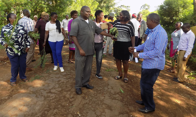 Waiguru's Election coordinators in a demo at Kang'aru Village in Kirinyaga county.