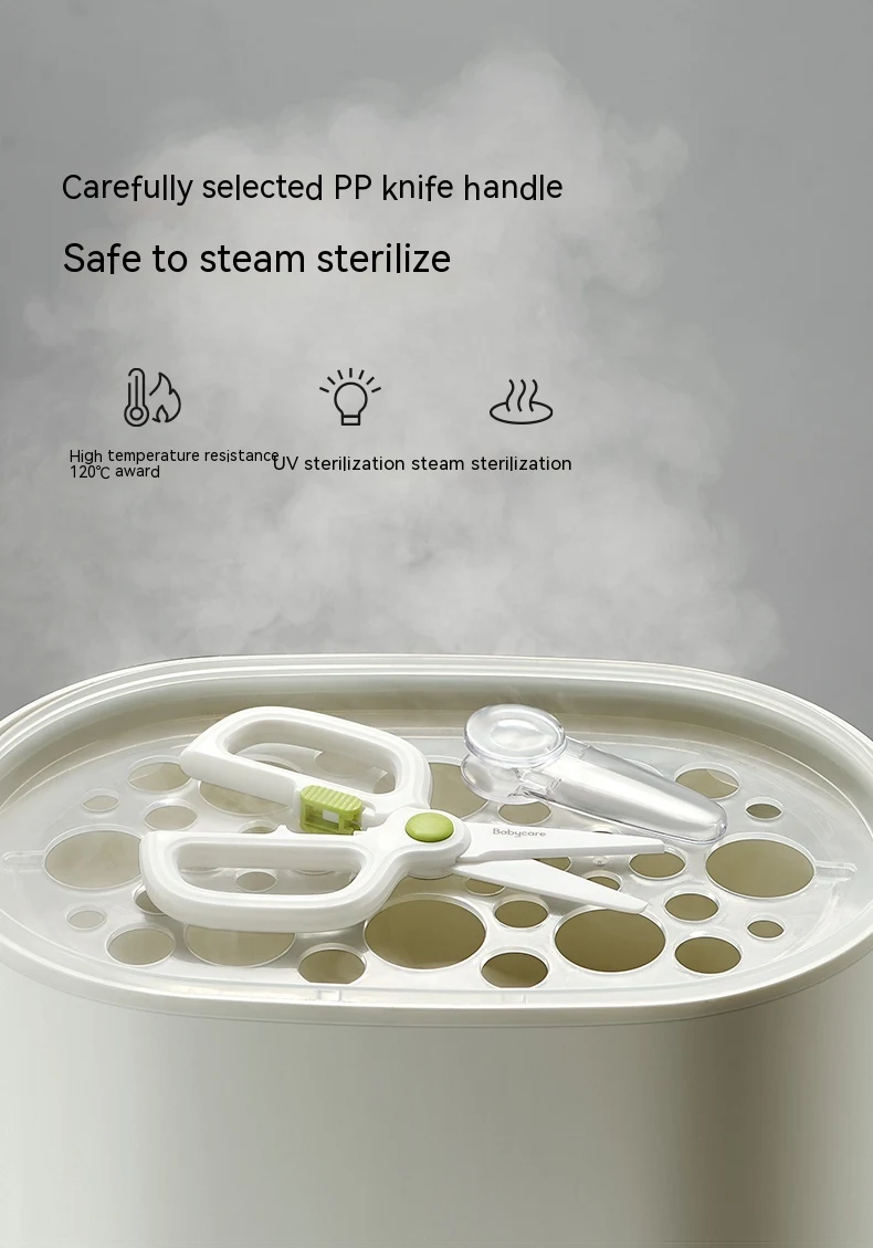 Draagbare keramische voedingsschaar voor onderweg. Maakt voeden buitenshuis makkelijker, veilig en eenvoudig in gebruik.