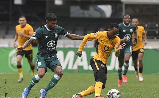 Keagan Buchanan of AmaZulu challenges Khama Billiat of Kaizer Chiefs during the DStv Premiership match between Amazulu and Kaizer Chiefs at Jonsson Kings Park on October 02, 2021 in Durban, South Africa.