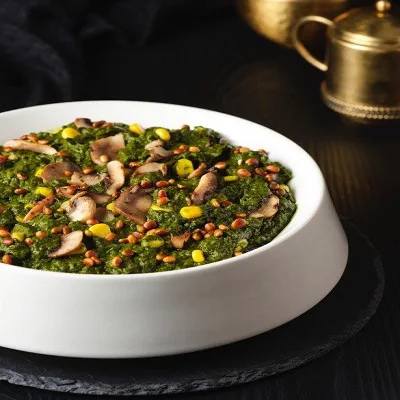 Palak Chironji & Mushroom Tadka