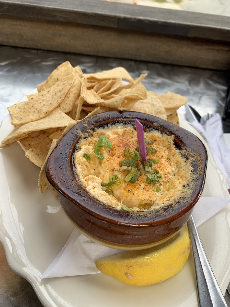 Roasted Crab Dip, made GF by substituting pita bread with tortilla chips.