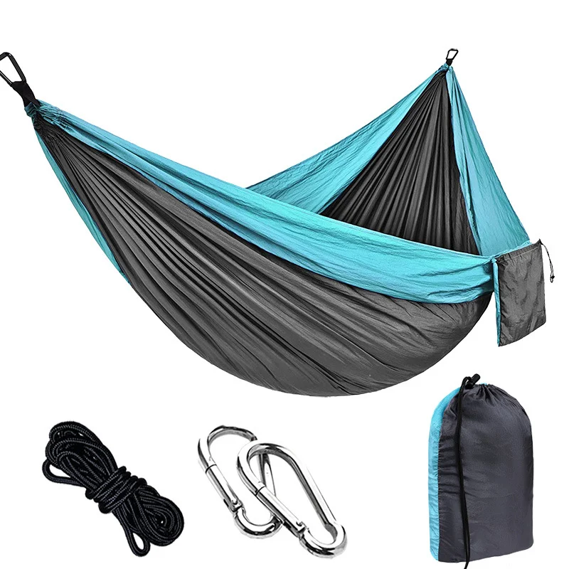 Hamaca de tela de paracaídas para acampada doble, nailon 210T, perfecta para exteriores. Disfruta del aire libre con comodidad y durabilidad.