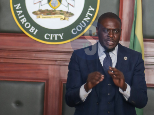 Nairobi County Governor Johnson Sakaja address the gathering during the swearing in of his cabinet at City Hall on December 8, 2022.