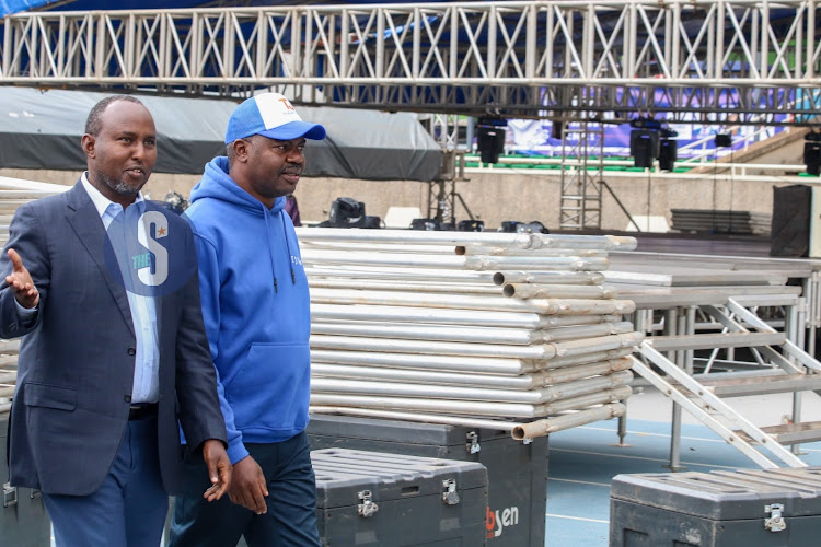 Suna East MP Junet Mohamed accompanied by his counterpart TJ Kajwang at Kasarani Stadium on August 5, 2022.